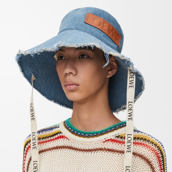 Loewe Frayed Denim Hat with Logo Straps